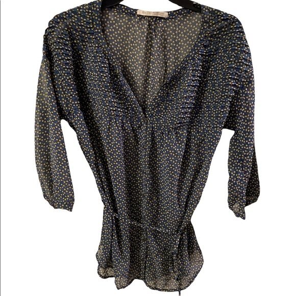 Zara Blouse Womens S Tie Waist Belt Blue Sheer career geometric retro boho Y2K - Picture 1 of 7